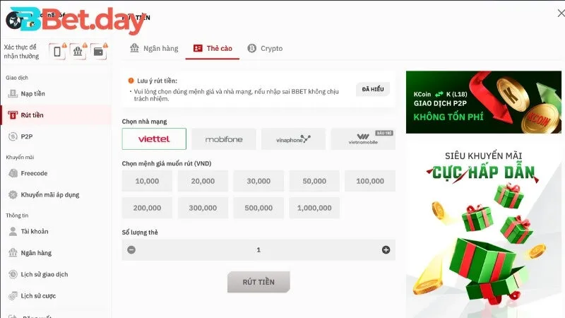 Rút tiền BBet bằng thẻ cào điện thoại