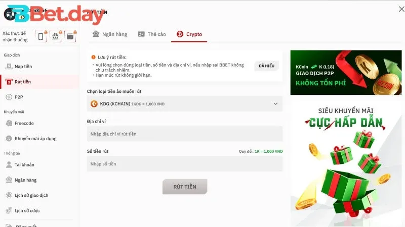 Rút bằng tiền ảo crypto