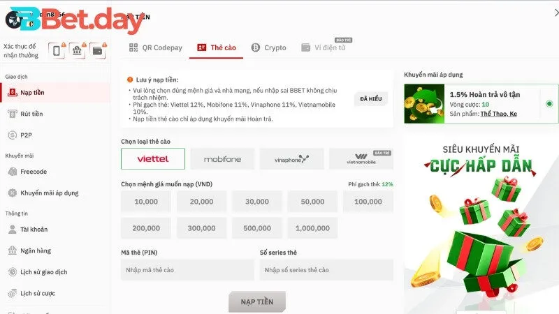 Nạp tiền BBet bằng thẻ cào điện thoại