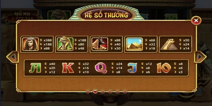 Các giá trị vàng có trong trò chơi nữ hoàng ai cập BBET