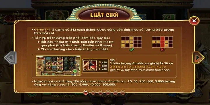 Các giá trị vàng có trong trò chơi nữ hoàng ai cập BBET